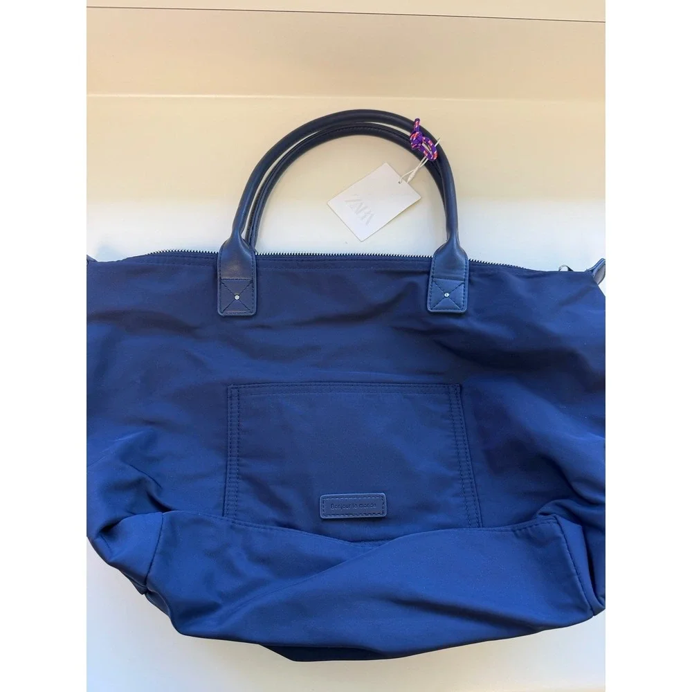 Zara Blue Nylon Tote Bag Purse‎ Capsule Bonjour Le Monde French Resort